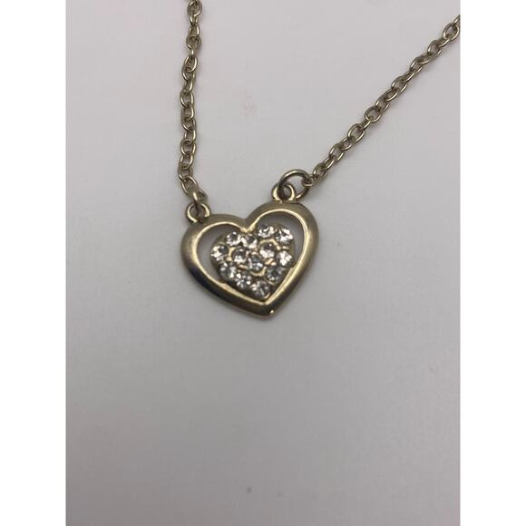 Gold Tone 2 Heart 1 Open 1 Rhinestone Classy Dainty Pendant Necklace - Picture 4 of 9